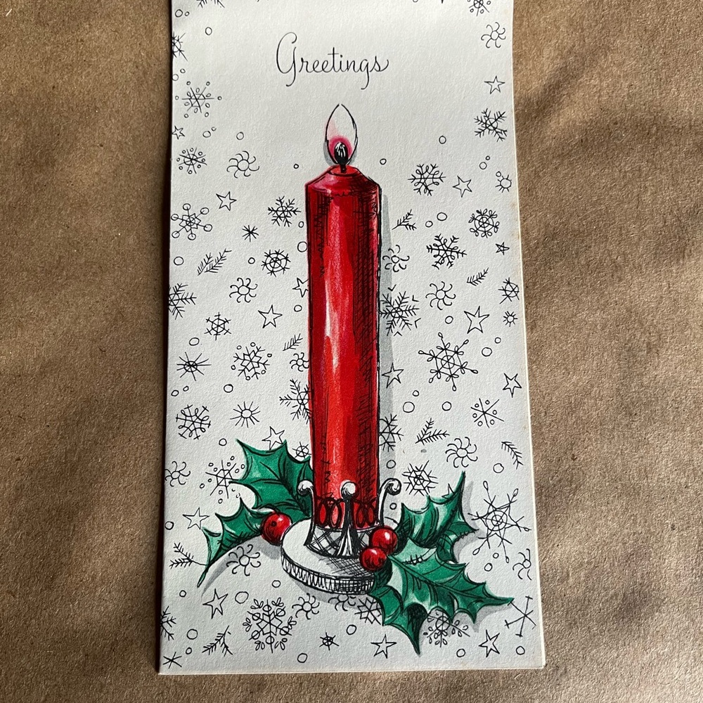 Vintage Christmas Cards / Unused / Red Candle w/Holly